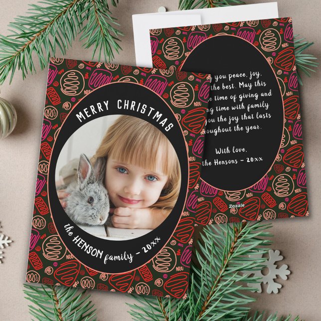 Red Black One line konst julfamilj Photo Julkort (Skapare uppladdad)