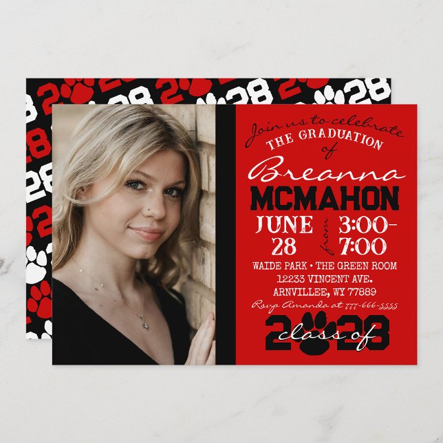 Red & Black Pawprint Studenten Photo Inbjudningar ( Repeating Class Year 1 & 2 Photo Graduation Invitations & Announcements)