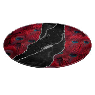 Red Black Peafowl Marble Agate Glam