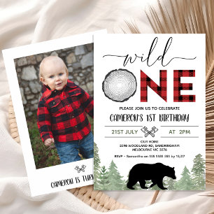 Red Black Photo Vild One Lumberjack 1st Birthday Inbjudningar