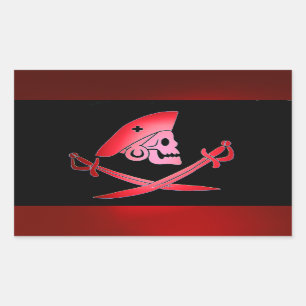 RED BLACK PIRAT BANNER MED SKULL, CROSSED SWORD REKTANGULÄRT KLISTERMÄRKE