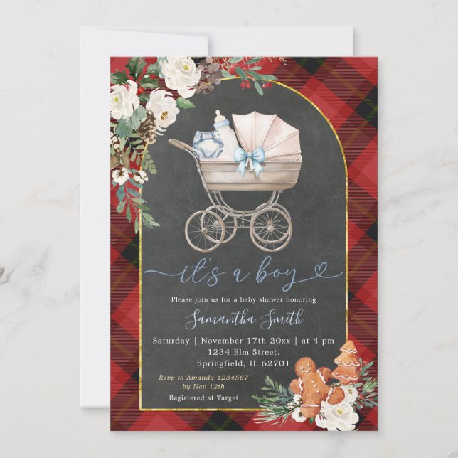 Red Black Play Baby Carriage Shower jul Inbjudningar (Framsida)