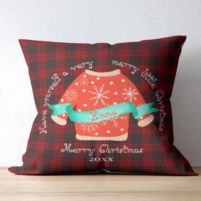Red Black Play Ugly Sweater Cute God jul Kudde (Red Black Plaid Ugly Sweater Cute Merry Christmas Throw Pillow)