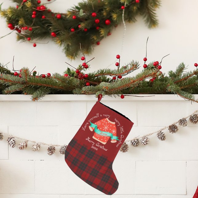 Red Black Play Ugly Sweater Cute God jul Stor Julstrumpa (Red Black Plaid Ugly Sweater Cute Merry Christmas Large Christmas Stocking)