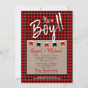 Red + Black Pojke Play Lumberjack Baby Shower Inbjudningar