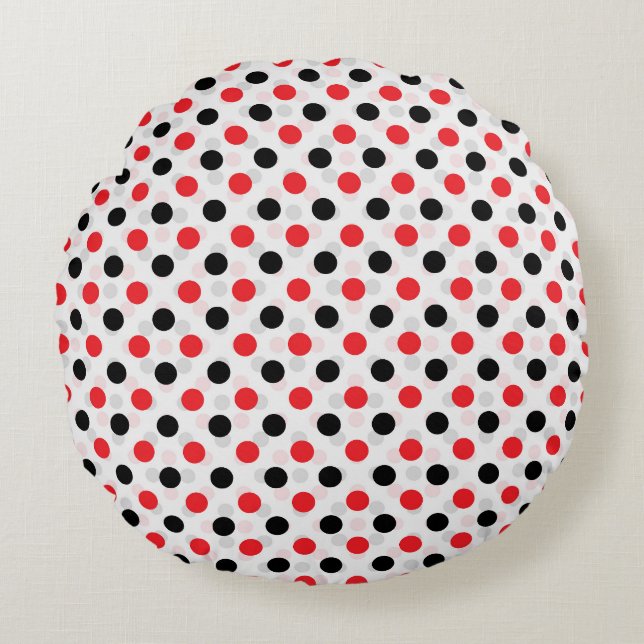 Red Black Polka dots Textile Mönster Design Rund Kudde (Framsidan)