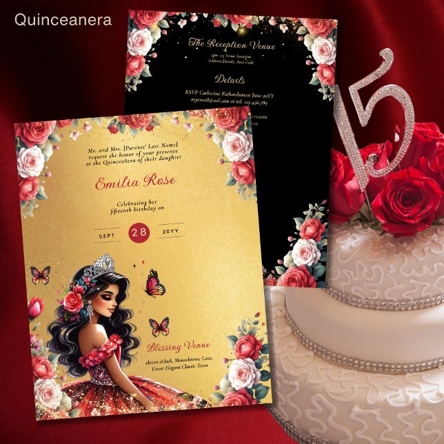Red Black Quinceanera Dress Blommigt Butterflies (Skapare uppladdad)