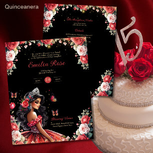 Red Black Quinceanera Dress Blommigt Butterflies