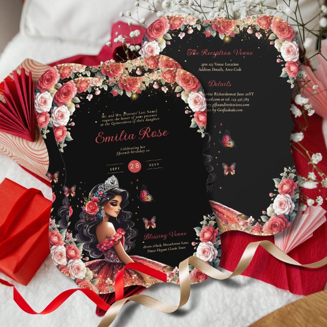 Red Black Quinceanera Dress Blommigt Butterflies Inbjudningar (Skapare uppladdad)