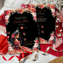 Red Black Quinceanera Dress Blommigt Butterflies Inbjudningar