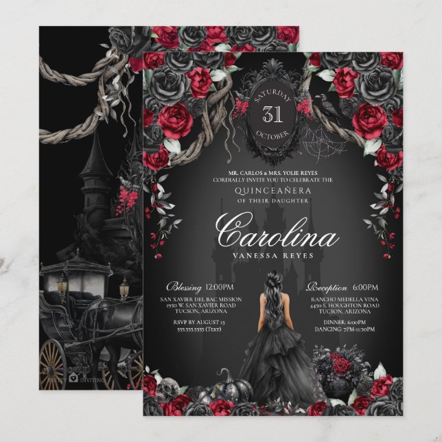 Red & Black Quinceanera Halloween Gothic Princess Inbjudningar (Fram/baksida)