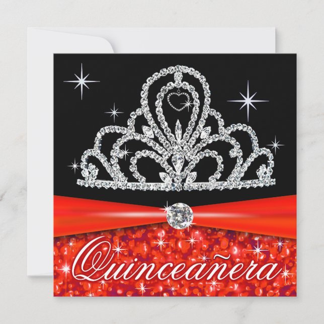Red Black Quinceanera Prinsessan Tiara Bling Inbjudningar (Framsida)