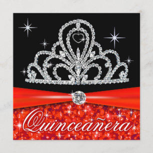 Red Black Quinceanera Prinsessan Tiara Bling Inbjudningar