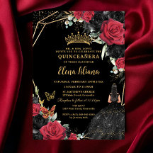 Red Black Ro Blommigt Dress Guld Quinceañera XV