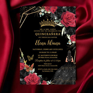Red Black Ro Blommigt Dress Guld Quinceañera XV Inbjudningar