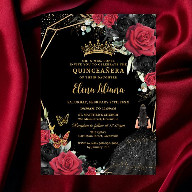 Red Black Ro Blommigt Dress Guld Quinceañera XV Inbjudningar (Skapare uppladdad)