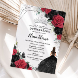 Red Black Ro Blommigt Dress Silver Quinceañera Inbjudningar