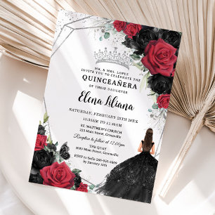 Red Black Ro Blommigt Dress Silver Quinceañera Inbjudningar