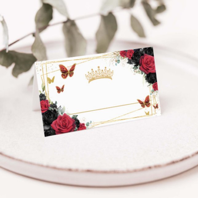 Red Black Ro Blommigt Guld Butterflies Quinceañera Placeringskort (Skapare uppladdad)