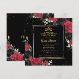 Red Black Ro Blommigt Guld Quinceanera Sweet 16 Inbjudningar
