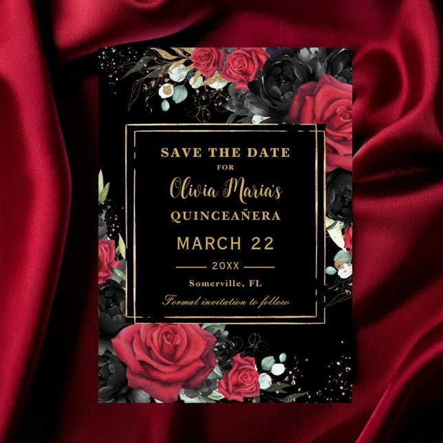 Red Black Ro Blommigt Guld Quinceanera Sweet 16 Spara Datumet (Skapare uppladdad)