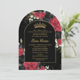 Red Black Ro Blommigt Quinceanera Sweet 16 Arch Inbjudningar