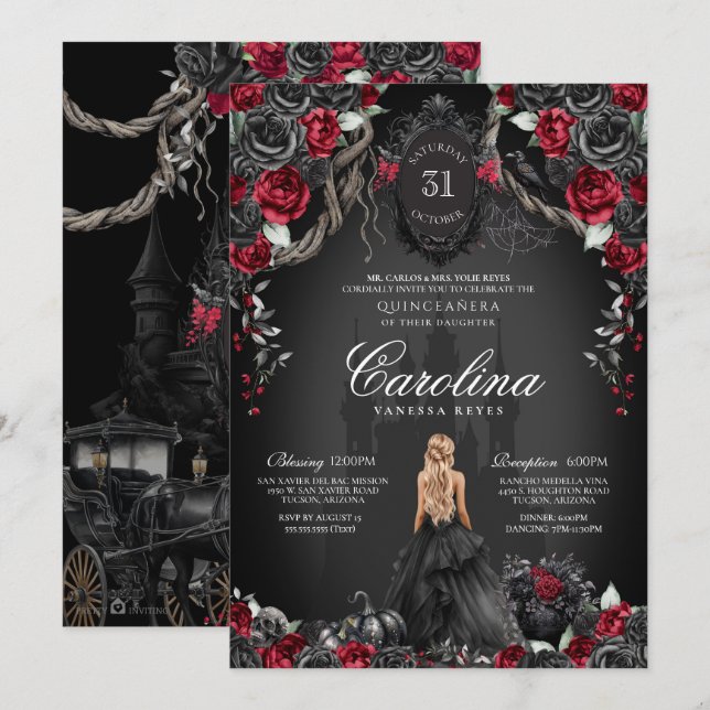 Red Black Ro Gothic Haunted Spooky Quinceanera Inbjudningar (Fram/baksida)