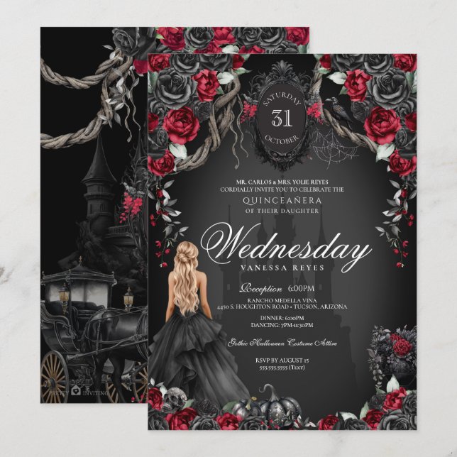Red Black Ro Quinceanera Gothic Halloween Inbjudningar (Fram/baksida)
