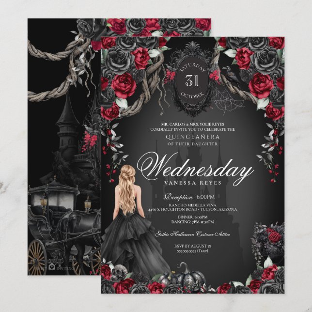 Red Black Ro Quinceanera Gothic Halloween Inbjudningar (Fram/baksida)