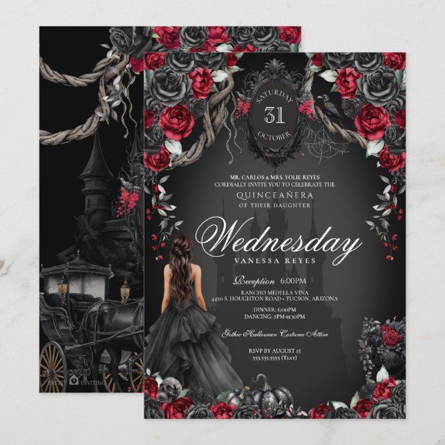 Red Black Ro Quinceañera Halloween Gothic Inbjudningar (Fram/baksida)