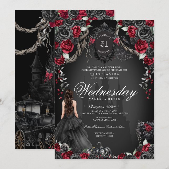 Red & Black Ro Quinceañera Halloween Gothic Inbjudningar (Fram/baksida)