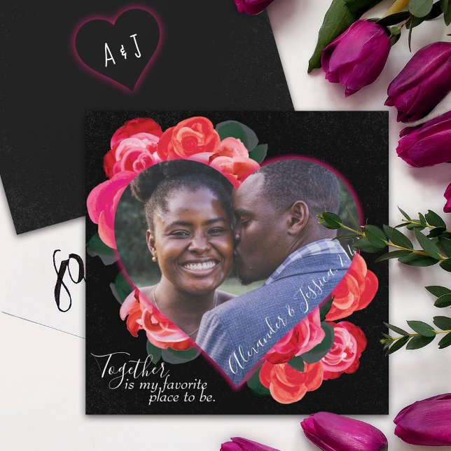 Red, Black Romantic Ro Photo Valentine Day Inbjudningar (red roses, heart shaped photo Valentine's day card, Romantic red rose bouquet, red & black rose art)