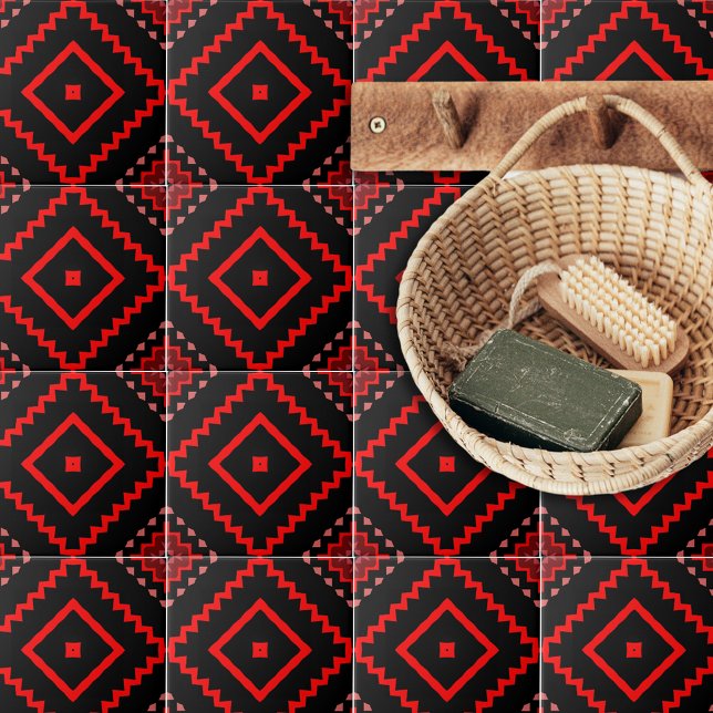 Red Black Rosa Ethnic Talavera Geometric Mönster Kakelplatta (Skapare uppladdad)