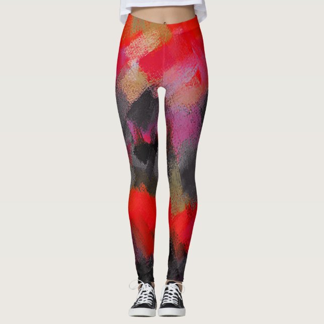 Red Black Rosa Paint Splatter Leggings (Framsida)