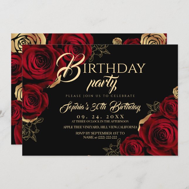 Red Black Roses Birthday Party Invitation Inbjudningar (Fram/baksida)