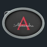 Red Black Script Girly Monogram Namn<br><div class="desc">Svartvit och röd Enkelt skript Monogram Namn Bälte Buckle. Detta gör perfekt studenten,  söt 16 16,  18,  21,  30,  40,  50,  60,  70,  80,  90:e,  100-årsdag,  bröllop,  möhippa,  årsdag,  babydusch eller bachelorette-gåva till någon som glam lyx och chic stilar.</div>
