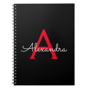 Red Black Script Girly Monogram Namn Anteckningsbok