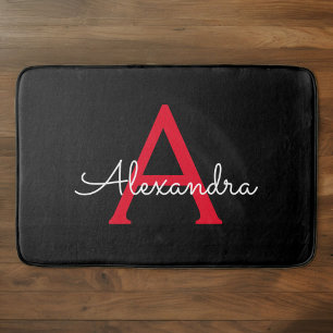 Red Black Script Girly Monogram Namn Badrumsmatta