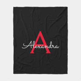 Red Black Script Girly Monogram Namn Fleecefilt