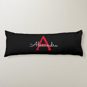 Red Black Script Girly Monogram Namn Kroppskudde
