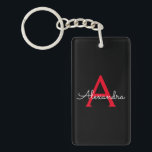 Red Black Script Girly Monogram Namn Nyckelring<br><div class="desc">Nyckelkedja för svart och röd,  enkel skrift,  Monogram Namn. Det gör perfekten söt 16-årsjubileum,  bröllop,  möhippa,  årsdag,  babydusch eller bachelorette-fest för någon som glam lyxen och chic stilar i kärlek.</div>
