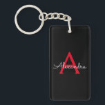 Red Black Script Girly Monogram Namn Nyckelring<br><div class="desc">Nyckelkedja för svart och röd,  enkel skrift,  Monogram Namn. Det gör perfekten söt 16-årsjubileum,  bröllop,  möhippa,  årsdag,  babydusch eller bachelorette-fest för någon som glam lyxen och chic stilar i kärlek.</div>