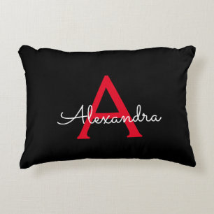Red Black Script Girly Monogram Namn Prydnadskudde