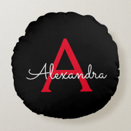 Red Black Script Girly Monogram Namn Rund Kudde