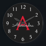 Red Black Script Girly Monogram Namn Stor Klocka<br><div class="desc">Red and Black Simple Script Monogram Namn Clock. Det gör perfekten söt 16-årsdag,  bröllop,  möhippa,  årsdag,  barndusch eller filmfest för någon som kärlek glam lyx och chic stilar.</div>