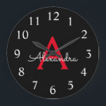 Red Black Script Girly Monogram Namn Stor Klocka<br><div class="desc">Red and Black Simple Script Monogram Namn Clock. Det gör perfekten söt 16-årsdag,  bröllop,  möhippa,  årsdag,  barndusch eller filmfest för någon som kärlek glam lyx och chic stilar.</div>