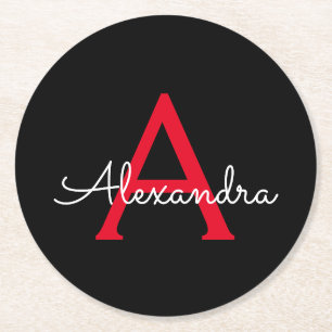 Red Black Script Girly Monogram Namn Underlägg Papper Rund