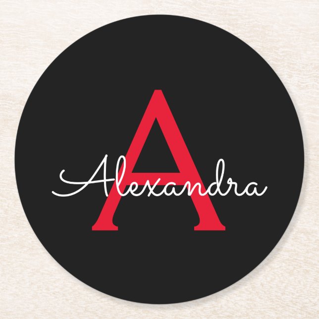 Red Black Script Girly Monogram Namn Underlägg Papper Rund (Framsidan)