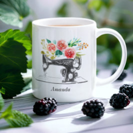 Red Black Sewing Maskin Blommigt Kreativ Kaffemugg