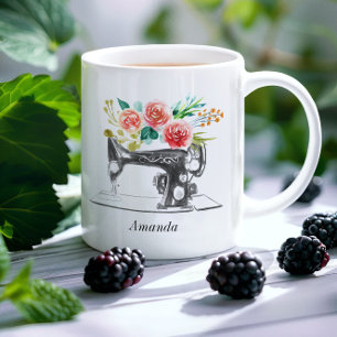 Red Black Sewing Maskin Blommigt Kreativ Kaffemugg
